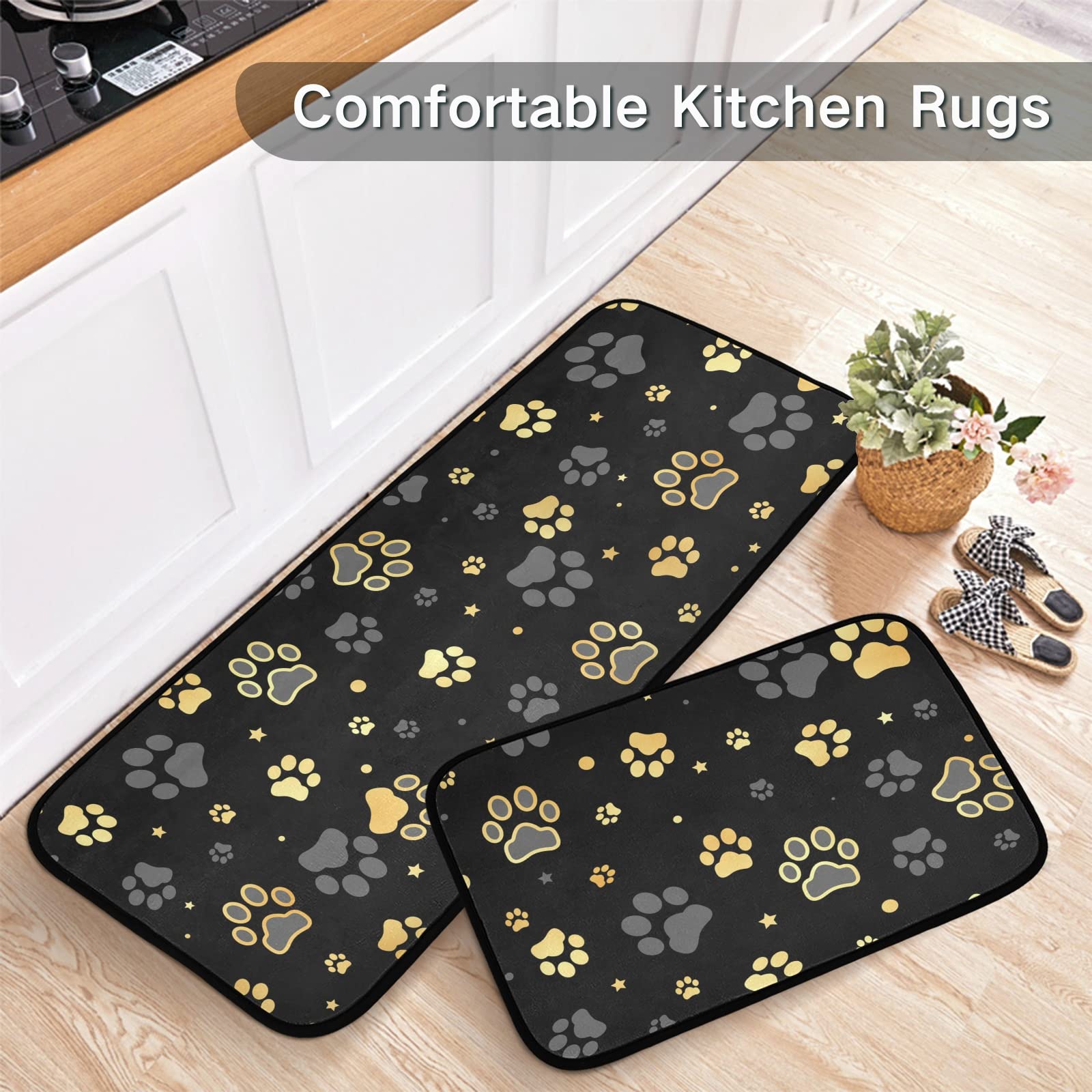 Gold Dog Paw Kitchen Mat Set of 2 Anti-Fatigue Kitchen Rug Set Non Slip Cushioned Heavy Duty Foam Kitchen Runner Rugs and Mats Comfort Standing Mat for Floor Home Decor Doormat