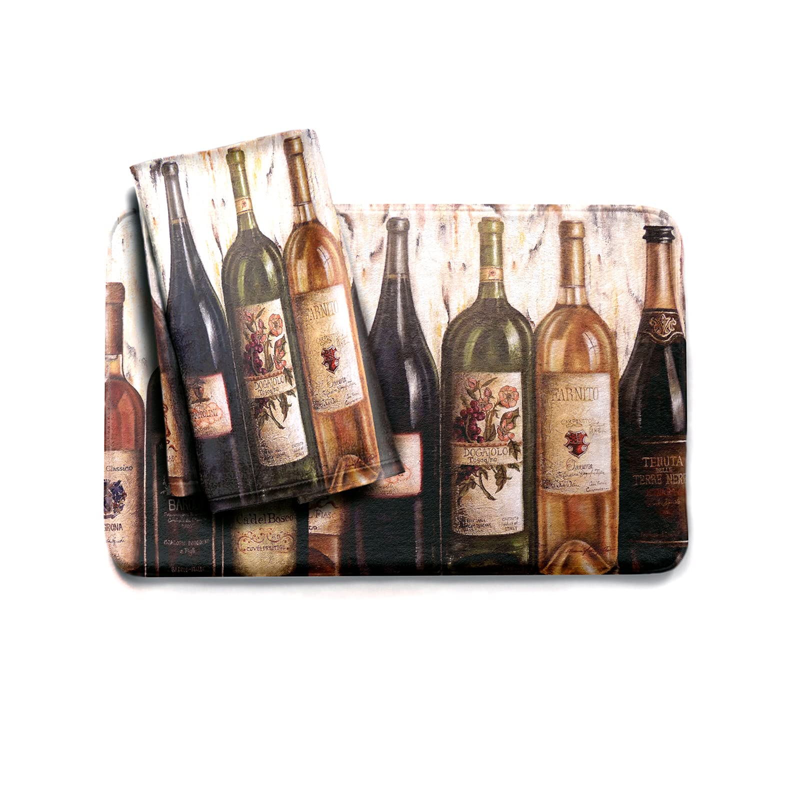 Italian Wine Kitchen Mat & Hand Towel Set (2-Piece Set) - Fine Art Print Kitchen Floor Mat - Microfiber Polyester Decorative Kitchen Towels - Soft Flannel Top, Memory Foam Machine Washable Kitchen Set