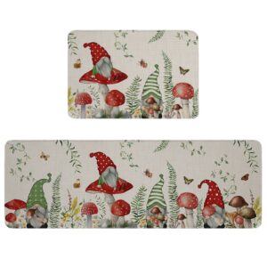 possta decor 2 pieces kitchen rugs set spring gnome red mushroom vintage linen,water absorbent soft doormat area runners garden vegetable,non-slip bath mat for entryway bathroom laundry