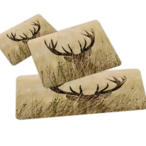 Antler Decor 3D Non-Slip Kitchen Mat Runner Rug Set,3pc Kitchen Rug Set,Whitetail Deer Fawn in Wilderness Stag Countryside Rural Hunting Theme,for Entryway Kitchen and Bedroom,Brown Sand Brown