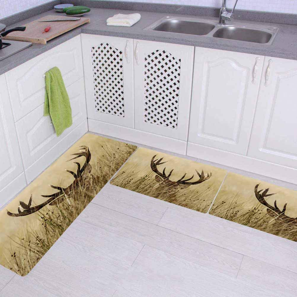 Antler Decor 3D Non-Slip Kitchen Mat Runner Rug Set,3pc Kitchen Rug Set,Whitetail Deer Fawn in Wilderness Stag Countryside Rural Hunting Theme,for Entryway Kitchen and Bedroom,Brown Sand Brown