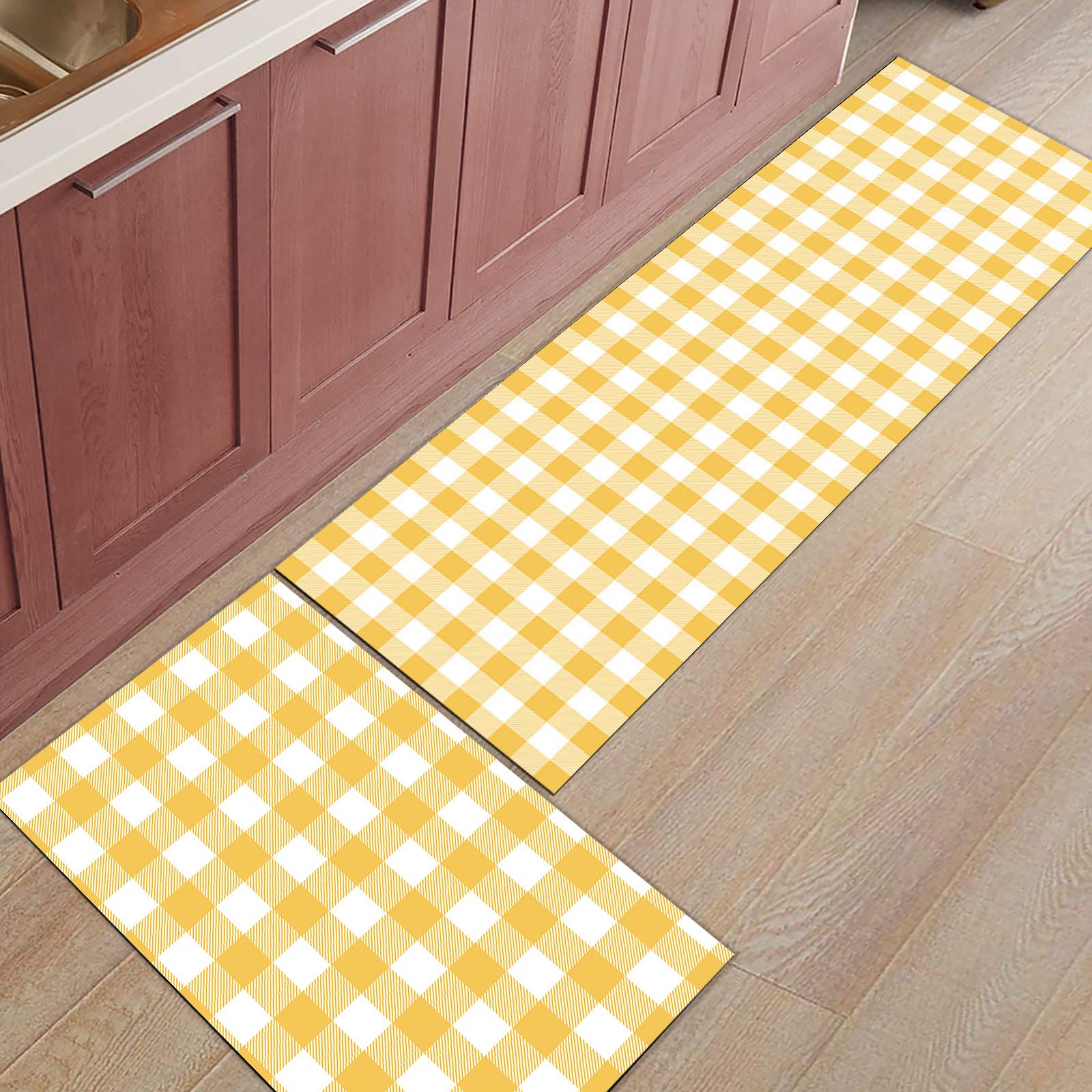 Kitchen Runner Rug, Country Style Yellow and White Buffalo Check Plaid Checkered Non Slip Runner Carpet Door Mats Floor Mat for Bedroom Bedside Laundry Bathroom Set of 2