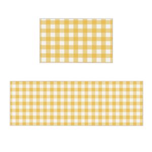 Kitchen Runner Rug, Country Style Yellow and White Buffalo Check Plaid Checkered Non Slip Runner Carpet Door Mats Floor Mat for Bedroom Bedside Laundry Bathroom Set of 2