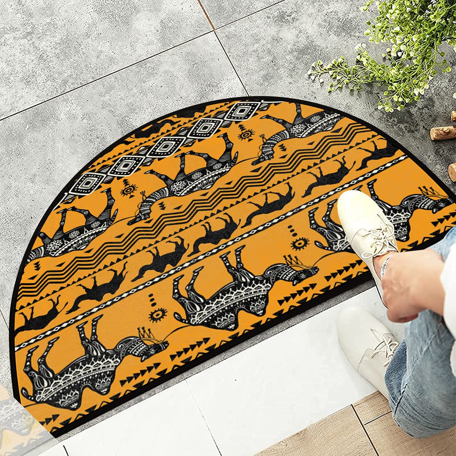 Ethnic Animals Camels Half Round Doormat Water Absorption Half Circle Rug Non-Slip Semi Circle Area Rugs Durable Washable Indoor Entrance Doormat for Bathroom Bedroom Kitchen Home Decor 36x24in