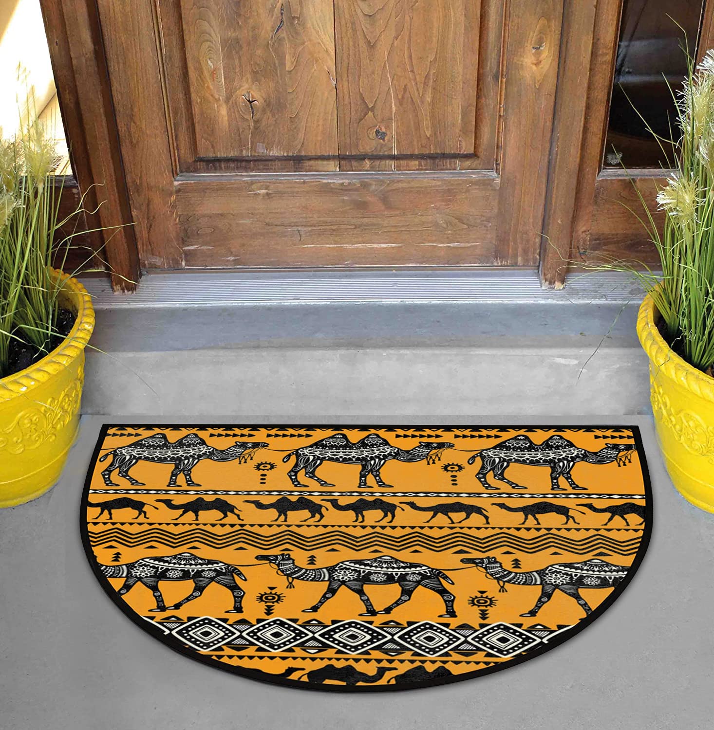 Ethnic Animals Camels Half Round Doormat Water Absorption Half Circle Rug Non-Slip Semi Circle Area Rugs Durable Washable Indoor Entrance Doormat for Bathroom Bedroom Kitchen Home Decor 36x24in