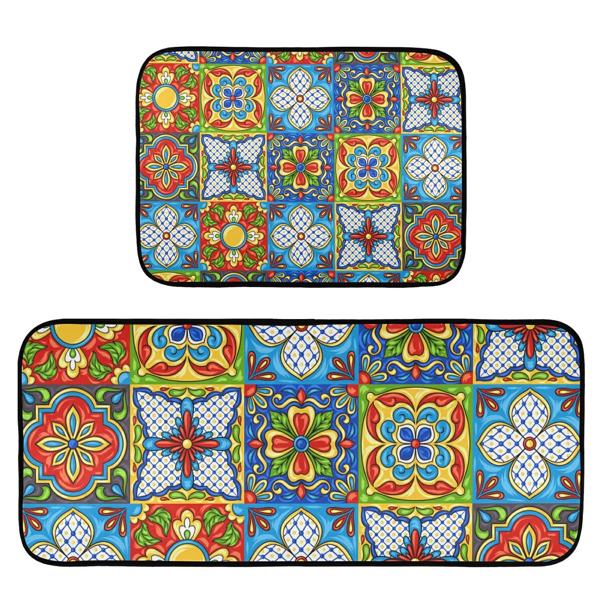 Emelivor Mexican Talavera Tiles Kitchen Rugs and Mats Set 2 Piece Non Slip Washable Runner Rug Set of 2 for Kitchen Floor Home Sink Ladunry Office