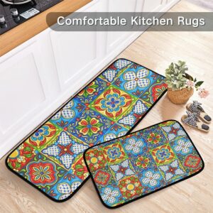 Emelivor Mexican Talavera Tiles Kitchen Rugs and Mats Set 2 Piece Non Slip Washable Runner Rug Set of 2 for Kitchen Floor Home Sink Ladunry Office