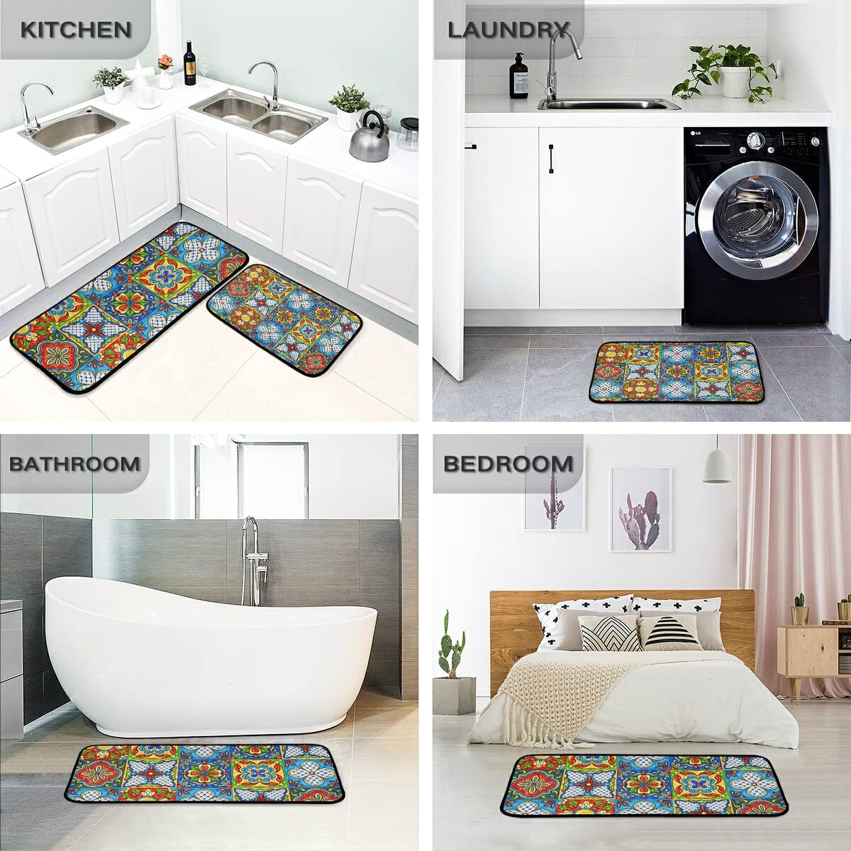 Emelivor Mexican Talavera Tiles Kitchen Rugs and Mats Set 2 Piece Non Slip Washable Runner Rug Set of 2 for Kitchen Floor Home Sink Ladunry Office