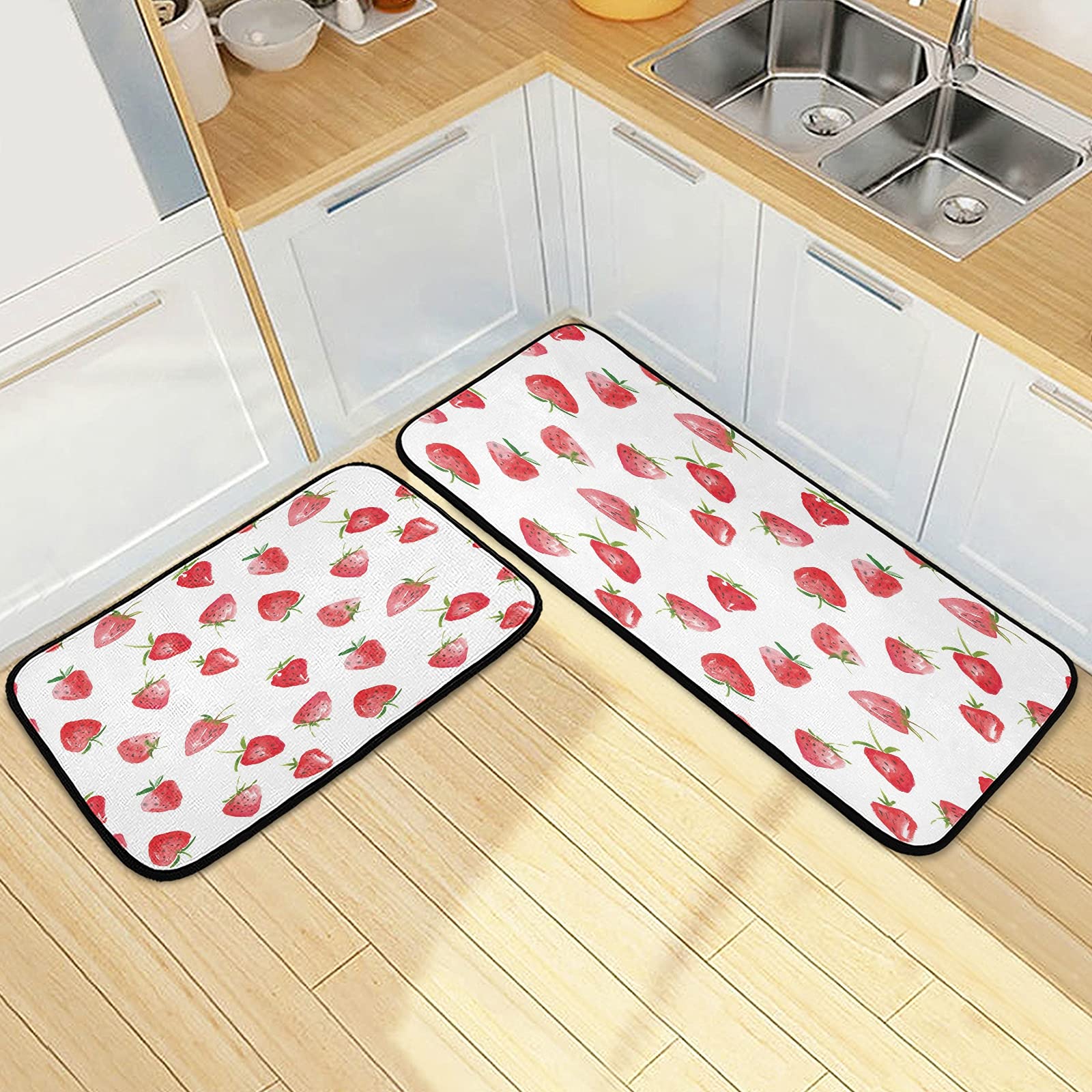 ALAZA Strawberry Watercolor 2 Piece Kitchen Rug Floor Mat Set Runner Rugs Non-Slip for Kitchen Laundry Office 20" x 28" + 20" x 48"