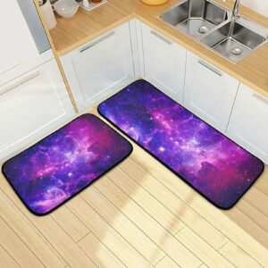 galaxy starry sky purple kitchen rugs and mats 2 pieces anti fatigue kitchen rug set non-slip bath mat entry floor carpet entrance door mat runner 20"x28"+20"x47"