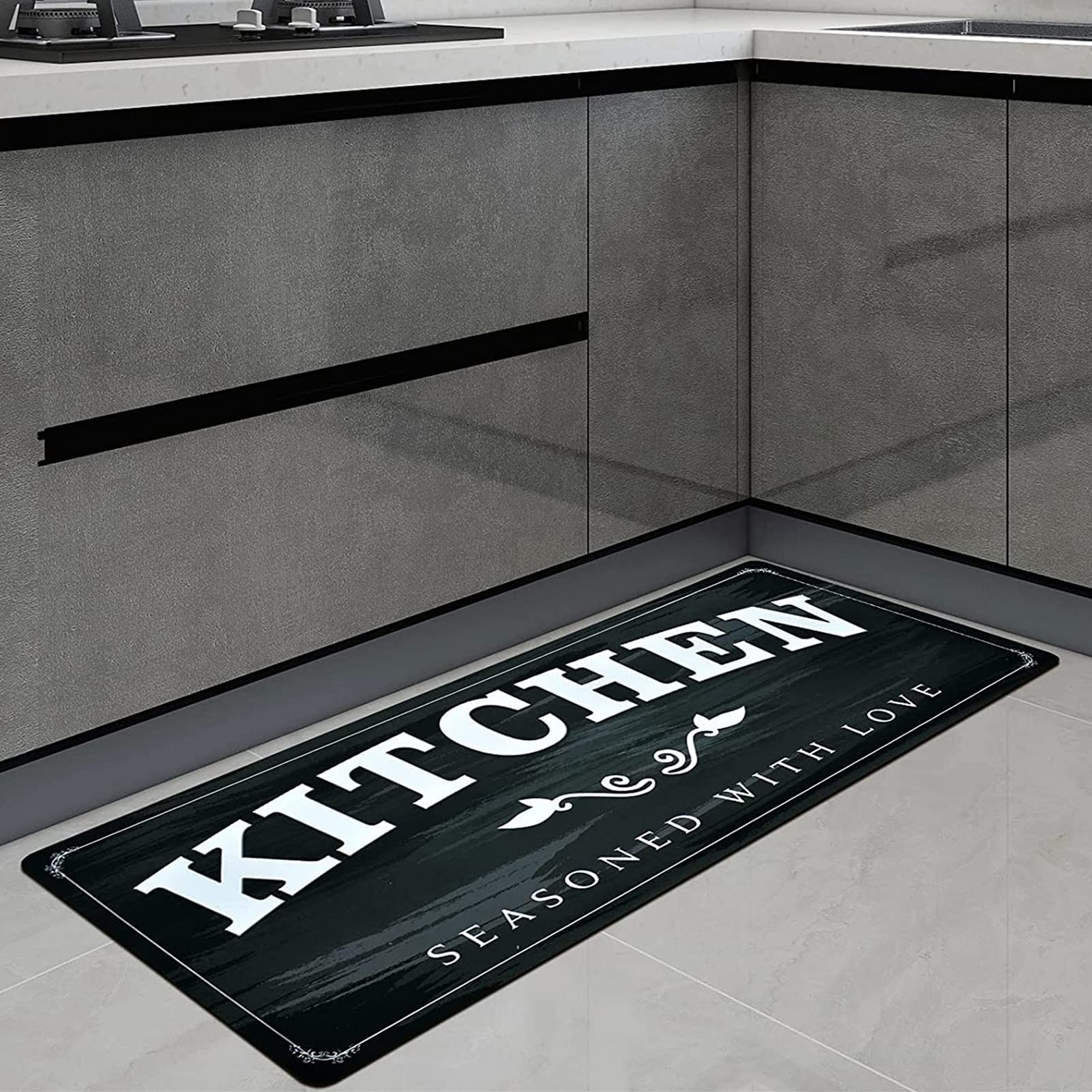 USTIDE Kitchen Runner Rugs Non Skid 20"x48",Durable Rubber Kitchen Mats Stain Resistant Thick Floor Mat Black White Kitchen Runner for Bathroom Washroom