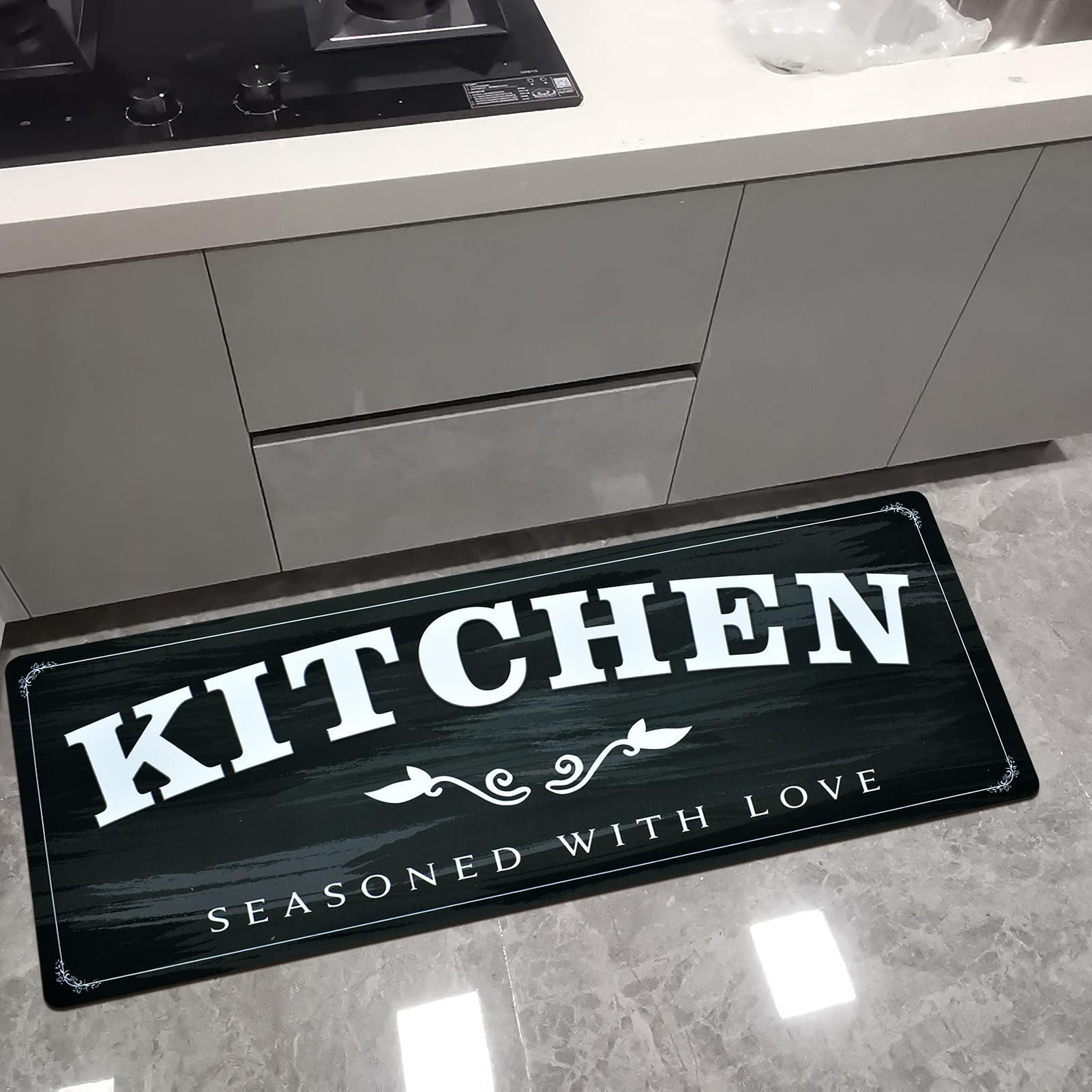 USTIDE Kitchen Runner Rugs Non Skid 20"x48",Durable Rubber Kitchen Mats Stain Resistant Thick Floor Mat Black White Kitchen Runner for Bathroom Washroom