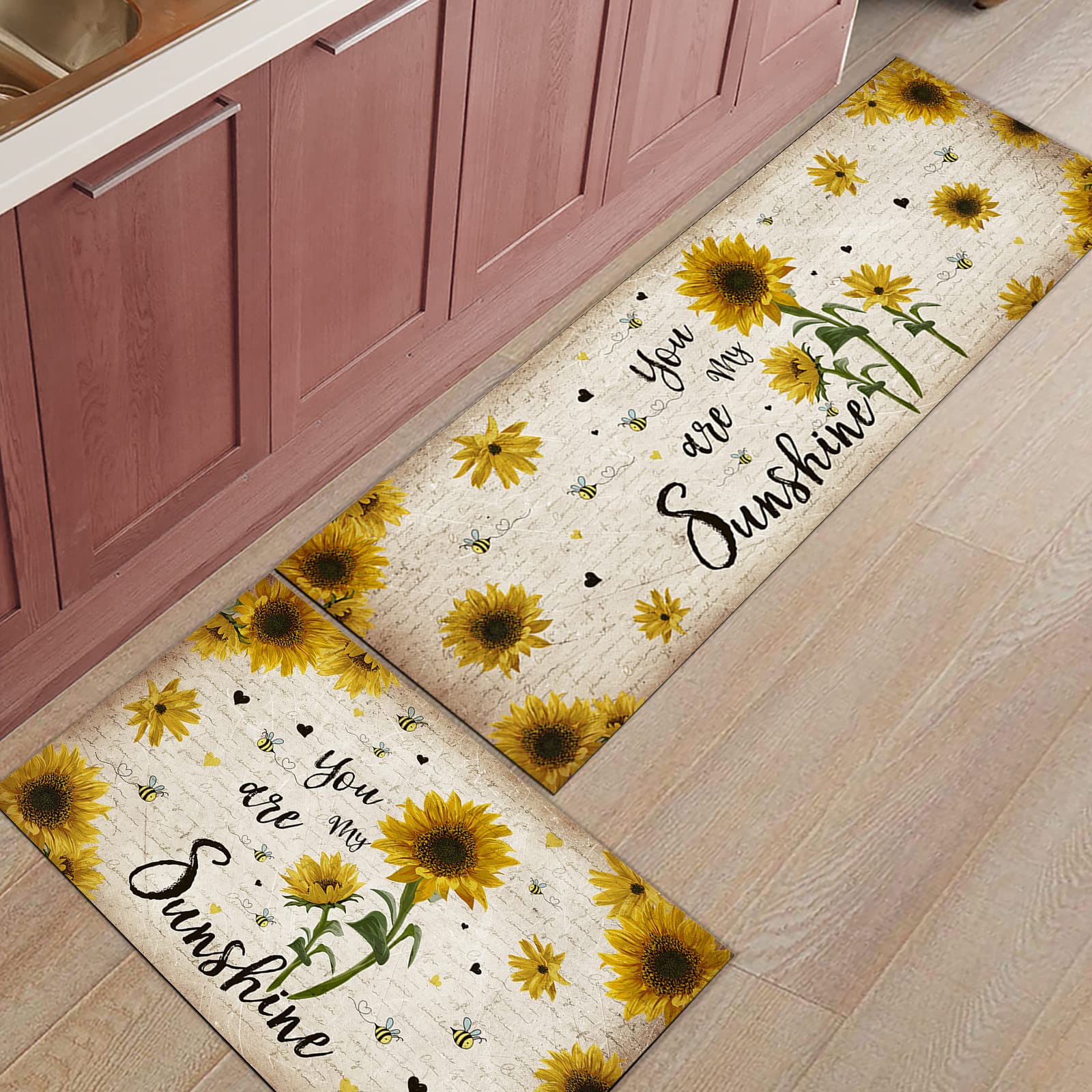 Rustic Sunflower Kitchen Rugs Sets 2 Piece Floor Mats You are My Sunshine Farmhouse Bees Durable Doormat Non-Slip Rubber Backing Area Rugs Washable Carpet Inside Door Mat Pad Sets 16"x24"+16"x47"