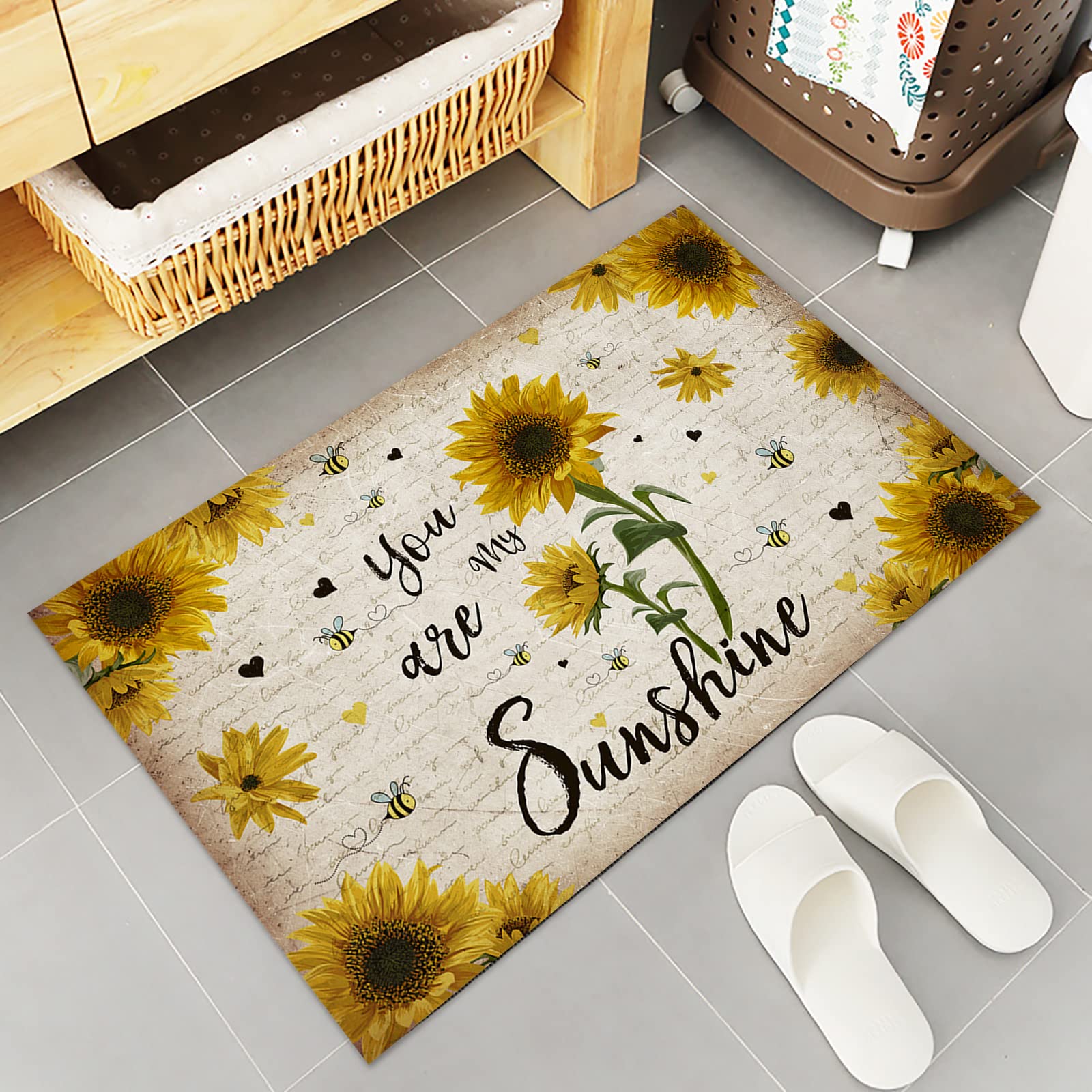 Rustic Sunflower Kitchen Rugs Sets 2 Piece Floor Mats You are My Sunshine Farmhouse Bees Durable Doormat Non-Slip Rubber Backing Area Rugs Washable Carpet Inside Door Mat Pad Sets 16"x24"+16"x47"