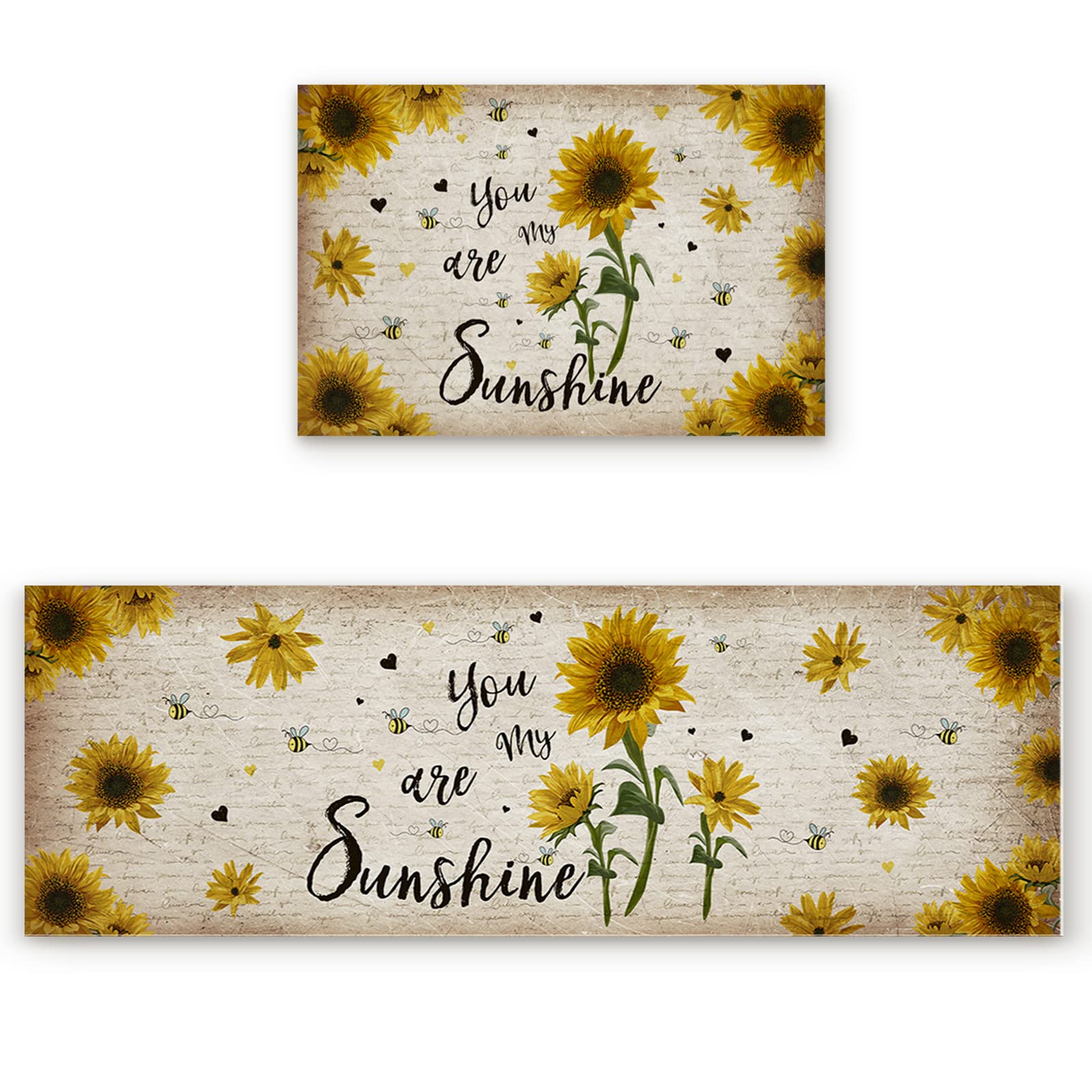 Rustic Sunflower Kitchen Rugs Sets 2 Piece Floor Mats You are My Sunshine Farmhouse Bees Durable Doormat Non-Slip Rubber Backing Area Rugs Washable Carpet Inside Door Mat Pad Sets 16"x24"+16"x47"