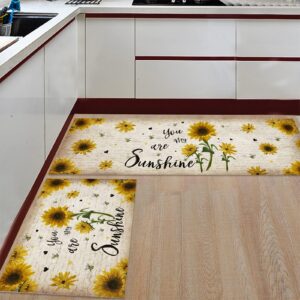 Rustic Sunflower Kitchen Rugs Sets 2 Piece Floor Mats You are My Sunshine Farmhouse Bees Durable Doormat Non-Slip Rubber Backing Area Rugs Washable Carpet Inside Door Mat Pad Sets 16"x24"+16"x47"