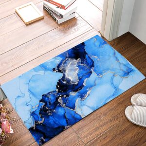 door mat for bedroom decor, marble texture abstract blue gold glitter splatter floor mats, holiday rugs for living room, absorbent non-slip bathroom rugs home decor kitchen mat area rug 18x30 inch