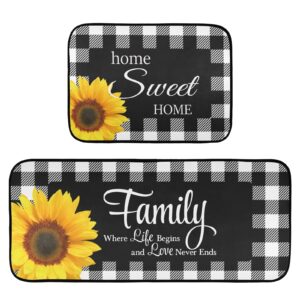 Black White Buffalo Plaid Check Sunflower Kitchen Rugs and Mats Set of 2 Non Slip Kitchen Floor Mats Comfort Standing Desk Mat for Doormat Bathroom Bedroom Runner Area Rug for Home Decor Washable