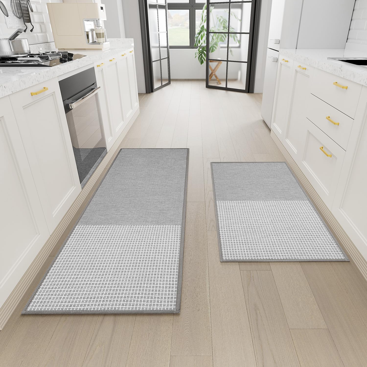 Hargiis Kitchen Mat 2PCS, Rubber Non-Skid Kitchen Rugs Washable, Absorbent Runner Mat for Floor, Machine Washable Mats for in Front of Sink, Door, Laundry, Entrance, Home (Grey, 47"×17"+32"×17")