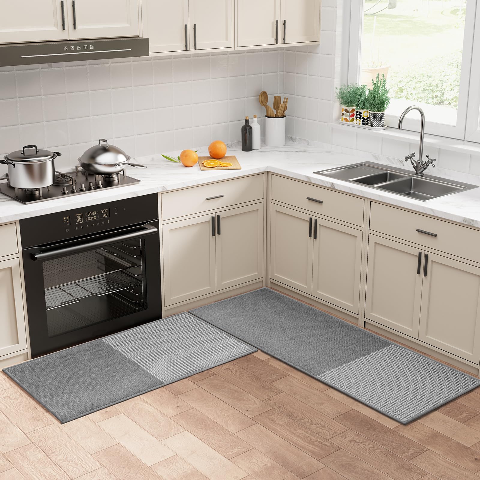 Hargiis Kitchen Mat 2PCS, Rubber Non-Skid Kitchen Rugs Washable, Absorbent Runner Mat for Floor, Machine Washable Mats for in Front of Sink, Door, Laundry, Entrance, Home (Grey, 47"×17"+32"×17")