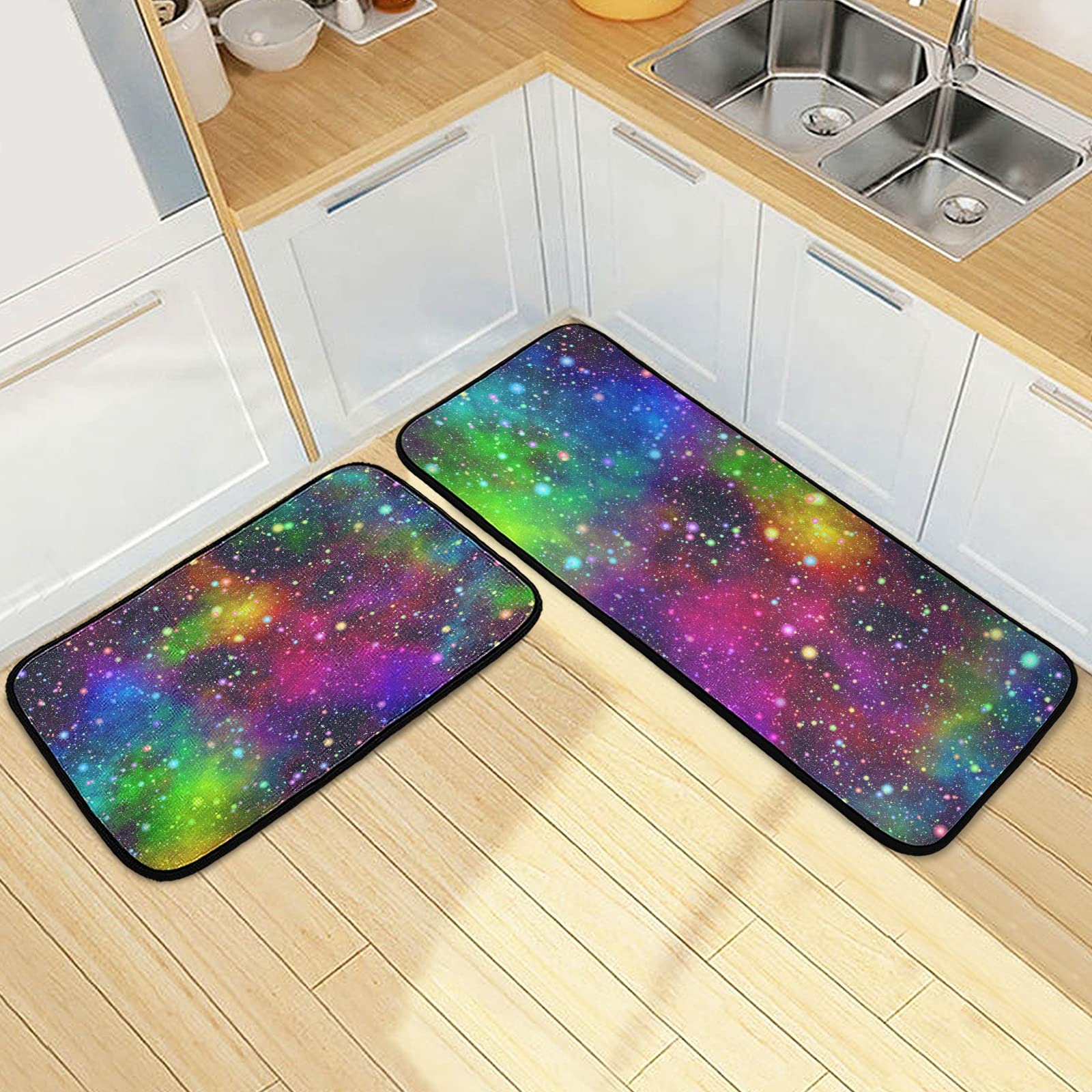 Colorful Galaxy Kitchen Mat [2 PCS] Cushioned Anti-Fatigue Kitchen Rug, Waterproof Non-Slip Kitchen Mats and Rugs Set for Kitchen, Floor Home, Office, Sink, Laundry,19.7"x47.2"+19.7"x27.6"