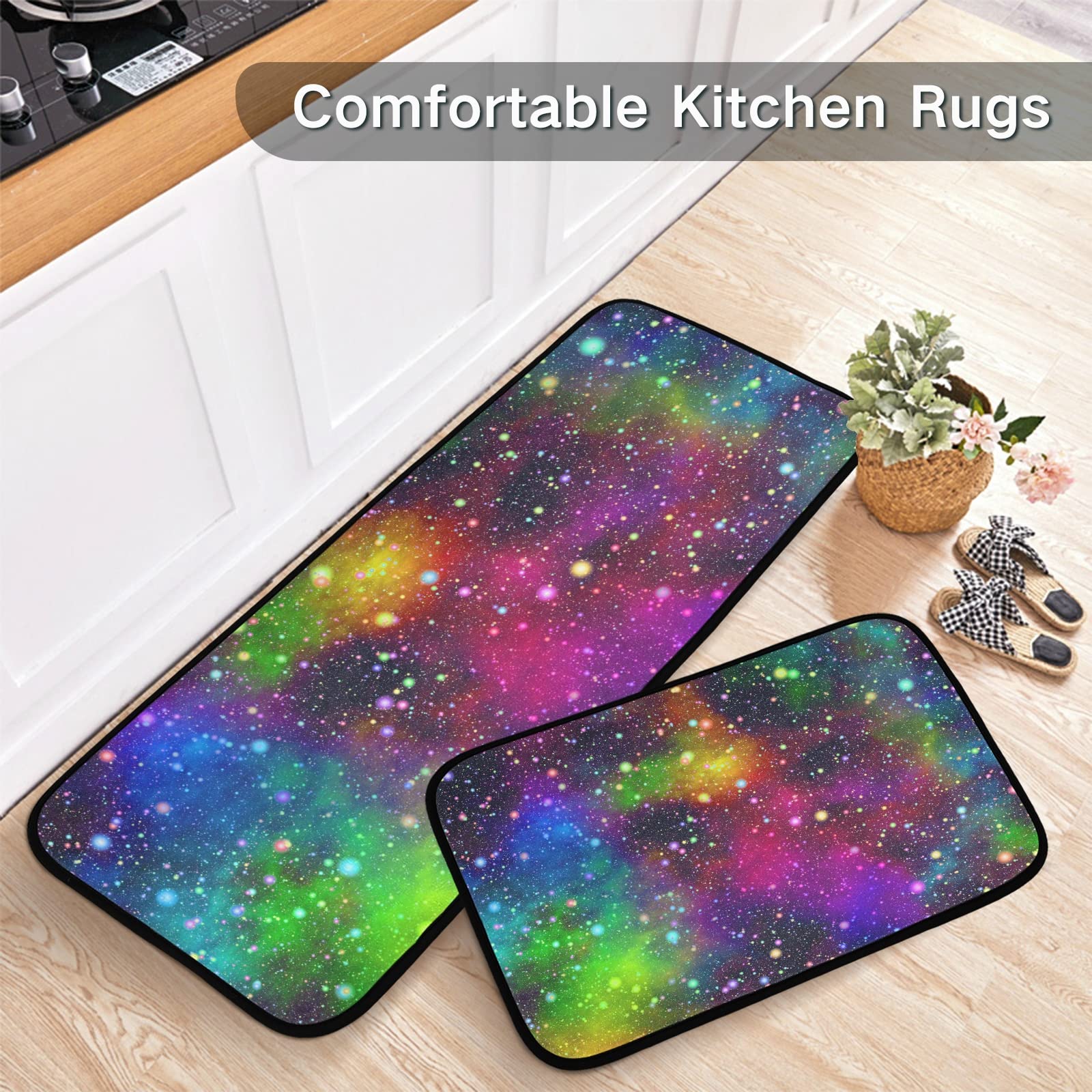 Colorful Galaxy Kitchen Mat [2 PCS] Cushioned Anti-Fatigue Kitchen Rug, Waterproof Non-Slip Kitchen Mats and Rugs Set for Kitchen, Floor Home, Office, Sink, Laundry,19.7"x47.2"+19.7"x27.6"