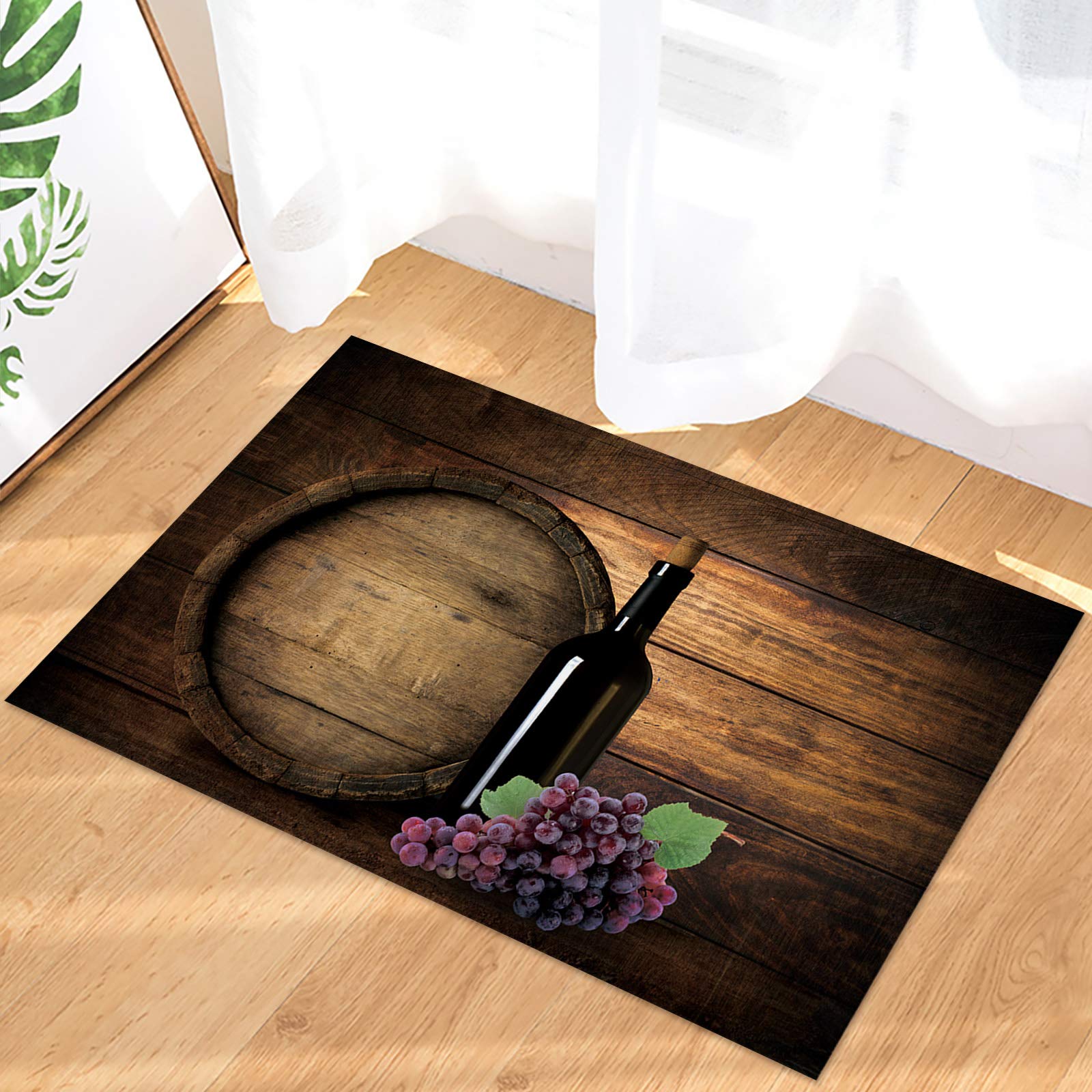 Wine Bottle and Fruit Grape with Wooden BarrelBathroom Shower Mat Doormat Non Slip,Floor Rug Absorbent Carpets Floor Mat Home Decor for Kitchen Bedroom Rug, 16"X 24"