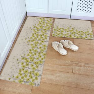 farm lines flower anti-fatigue rugs and mats set for kitchen floor, 2 piece pvc heavy duty standing area runner mat spring yellow daisy floral retro burlap home decor carpet