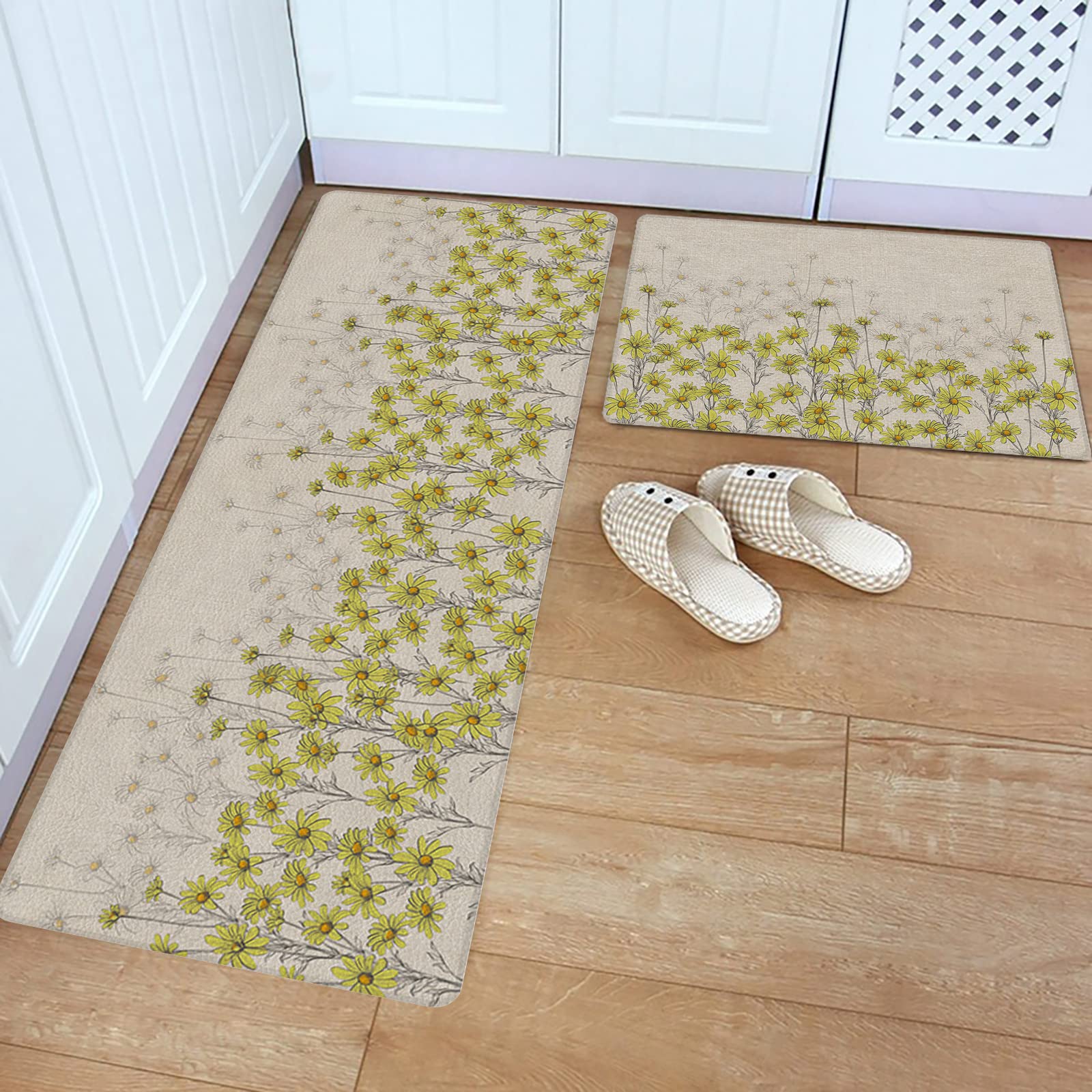 Farm Lines Flower Anti-Fatigue Rugs and Mats Set for Kitchen Floor, 2 Piece PVC Heavy Duty Standing Area Runner Mat Spring Yellow Daisy Floral Retro Burlap Home Decor Carpet