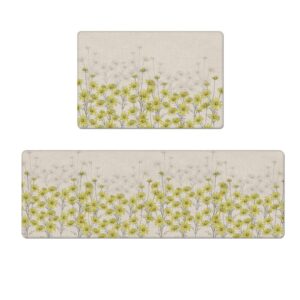 Farm Lines Flower Anti-Fatigue Rugs and Mats Set for Kitchen Floor, 2 Piece PVC Heavy Duty Standing Area Runner Mat Spring Yellow Daisy Floral Retro Burlap Home Decor Carpet