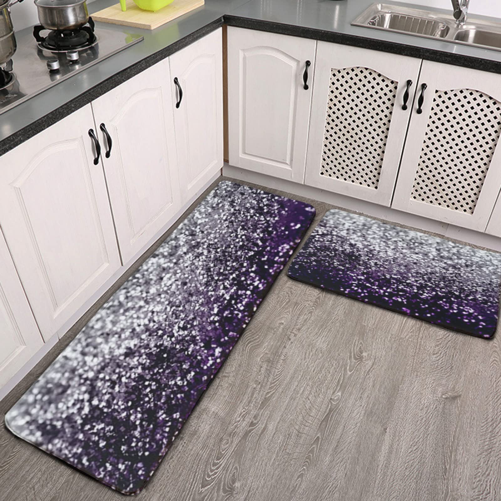 YouTary Purple Black Silver Glitter Pattern Kitchen Rug Set 2 PCS Floor Mats Washable Non-Slip Soft Flannel Runner Rug Doormat Carpet for Floor Home Bathroom, 17" x 47"+17" x 24"-M