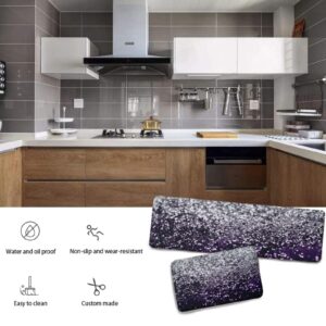 YouTary Purple Black Silver Glitter Pattern Kitchen Rug Set 2 PCS Floor Mats Washable Non-Slip Soft Flannel Runner Rug Doormat Carpet for Floor Home Bathroom, 17" x 47"+17" x 24"-M