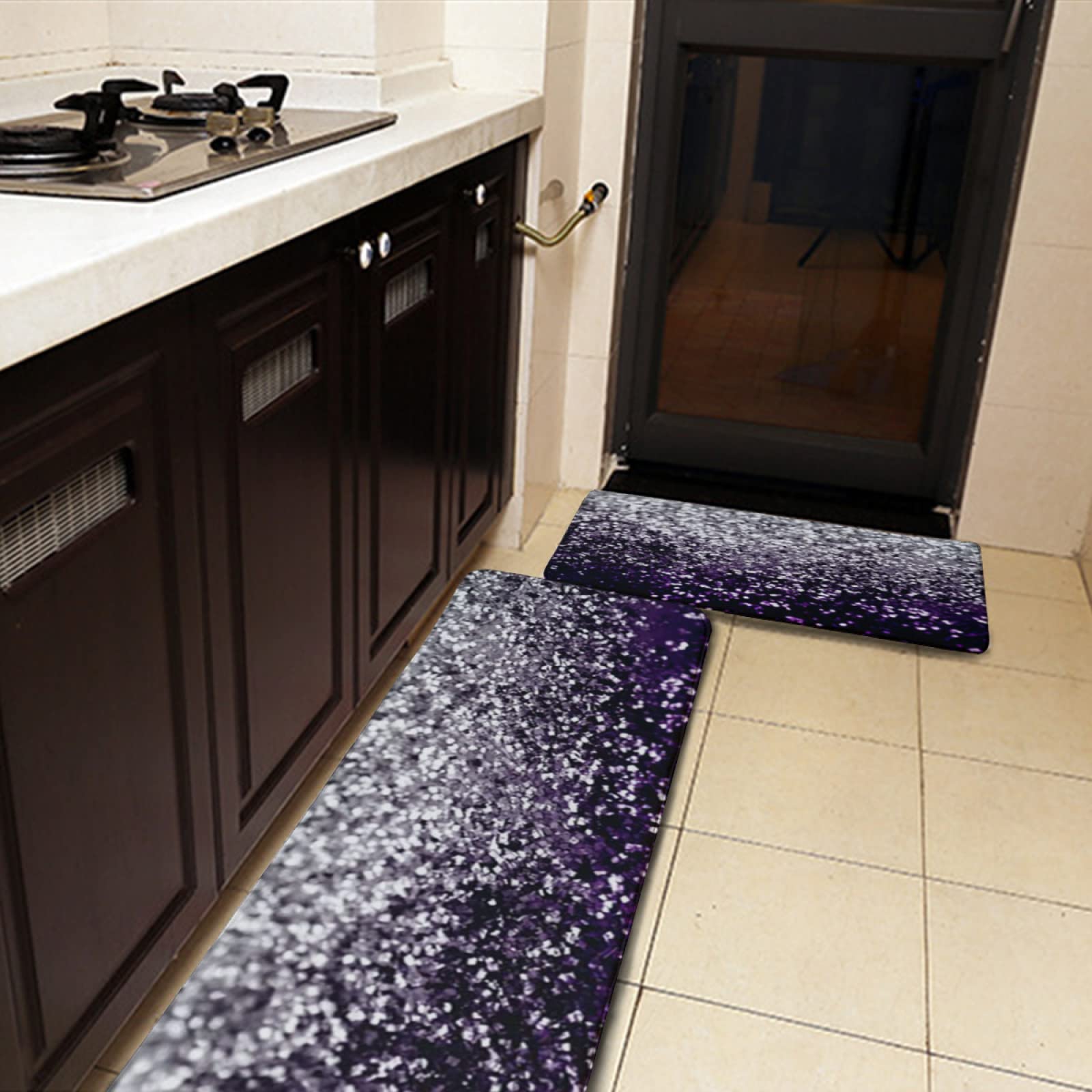 YouTary Purple Black Silver Glitter Pattern Kitchen Rug Set 2 PCS Floor Mats Washable Non-Slip Soft Flannel Runner Rug Doormat Carpet for Floor Home Bathroom, 17" x 47"+17" x 24"-M