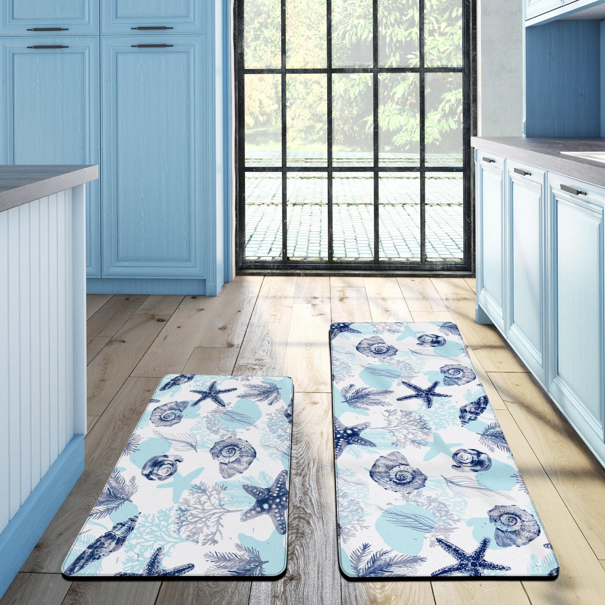 Tritard Coastal Kitchen Mats Rugs Sets of 2 Foam Cushioned Anti Fatigue Beach Themed Kitchen Mats for Floor Waterproof Non Slip Kitchen Rug Runner for Sink Laundry, 17.3" x 28"+17.3" x 47"