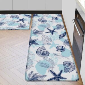 Tritard Coastal Kitchen Mats Rugs Sets of 2 Foam Cushioned Anti Fatigue Beach Themed Kitchen Mats for Floor Waterproof Non Slip Kitchen Rug Runner for Sink Laundry, 17.3" x 28"+17.3" x 47"