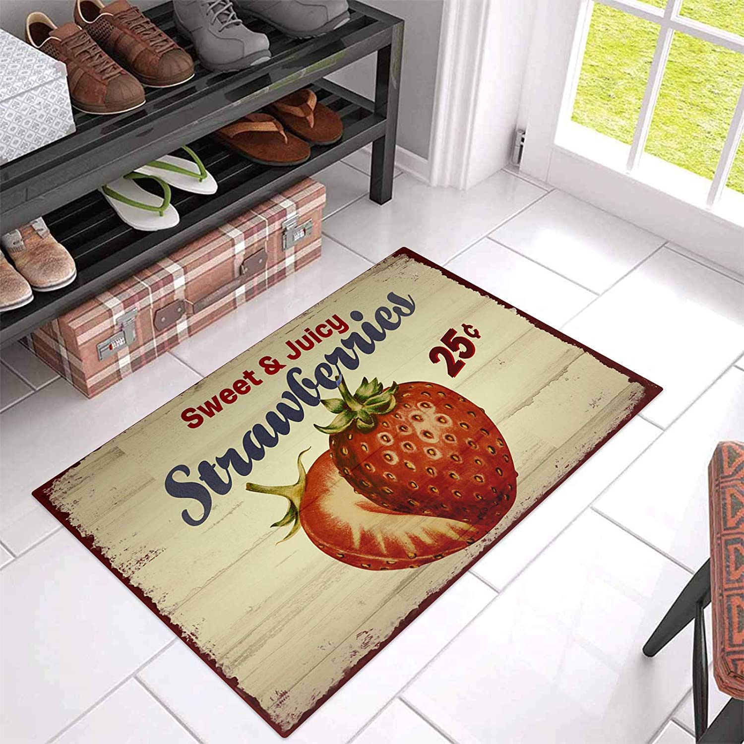 Spring Farm Strawberry Vintage Wood Grain Bathroom Rugs Soft Bath Rugs Non Slip Washable Cover Floor Rug Absorbent Carpets Floor Mat Home Decor for Kitchen Bedroom Floor Mat 16x24 Inch