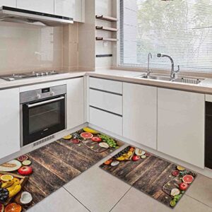 SDIZDIPK Kitchen Rugs Washable,Fruits Wood Background,Non Skid Anti-Fatigue Floor Mats for Sink,2 Pcs Set (52''X17''+ 26''X17''), 52x17