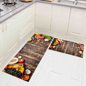 sdizdipk kitchen rugs washable,fruits wood background,non skid anti-fatigue floor mats for sink,2 pcs set (52''x17''+ 26''x17''), 52x17