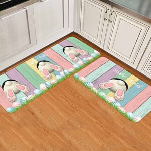 kithome easter rabbit tail kitchen mats sets 2 piece, happy easter rabbit eggs colorful wood plank kitchen rug non-slip washable runner carpets for easter decorations, 15.7" x 23.6" + 15.7" x 47.2"