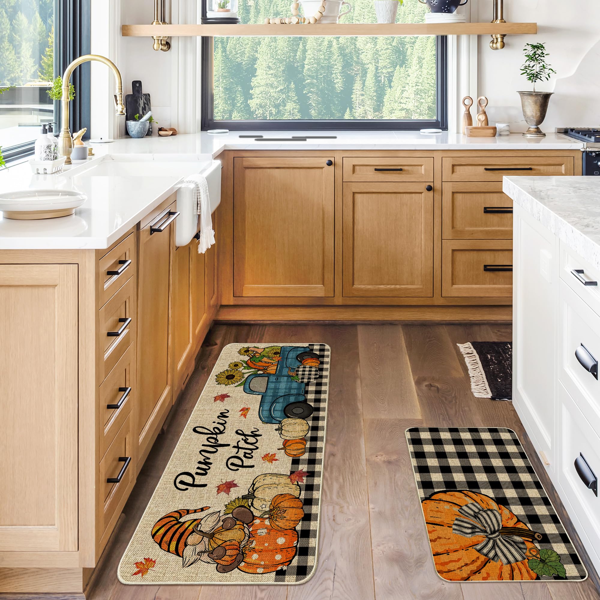 pinata Fall Kitchen Rugs and Mats Set of 2 - Hello Fall Y’All Gnomes Pumpkin Farmhouse Fall Kitchen Decor Mats for Floor - 17x29 and 17x47 Inch