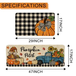 pinata Fall Kitchen Rugs and Mats Set of 2 - Hello Fall Y’All Gnomes Pumpkin Farmhouse Fall Kitchen Decor Mats for Floor - 17x29 and 17x47 Inch
