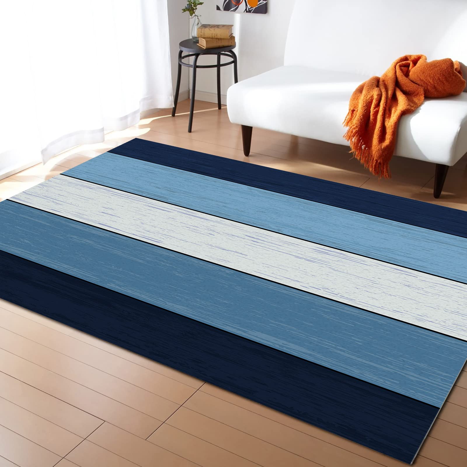 Area Rug for Bedroom Living Room Decor,Farm Wooden Rustic Barn Board Ultra Soft Non-Slip Accent Rugs Indoor Large Floor Carpet Blue and Grey Ombre Wood Grain Non-Shedding Nursery Floor Mat,60x96in