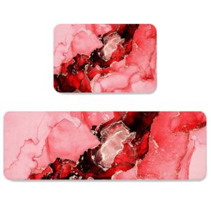 jasminem kitchen rugs and mats washable, wild marble red texture non-skid absorbent kitchen rugs set of 2, durable kitchen mat for kitchen floors, offices, sink, laundry, abstract pattern