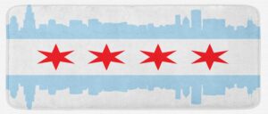 ambesonne chicago skyline kitchen mat, city flag high rise buildings scenery national, plush decorative kitchen mat with non slip backing, 47" x 19", red white