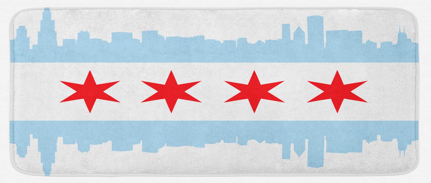 Ambesonne Chicago Skyline Kitchen Mat, City Flag High Rise Buildings Scenery National, Plush Decorative Kitchen Mat with Non Slip Backing, 47" X 19", Red White