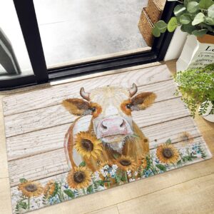 Fluffy Bath Rug Cow Sunflower Farm Flowers Animals Plank,Non Slip Shag Carpet Soft Floor Door Mat Pastoral Country Farmhouse,Absorbent Entrance Rugs for Kitchen Bathroom Living Room 24x35in