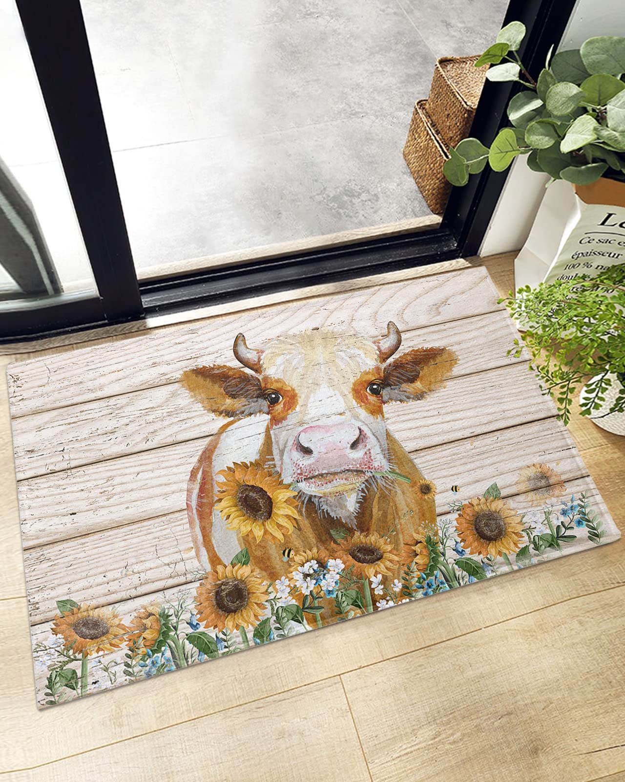 Fluffy Bath Rug Cow Sunflower Farm Flowers Animals Plank,Non Slip Shag Carpet Soft Floor Door Mat Pastoral Country Farmhouse,Absorbent Entrance Rugs for Kitchen Bathroom Living Room 24x35in