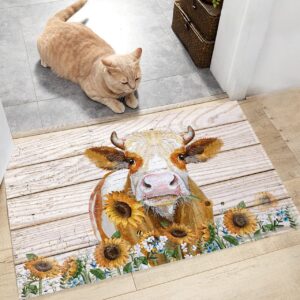 Fluffy Bath Rug Cow Sunflower Farm Flowers Animals Plank,Non Slip Shag Carpet Soft Floor Door Mat Pastoral Country Farmhouse,Absorbent Entrance Rugs for Kitchen Bathroom Living Room 24x35in