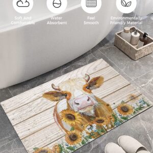 Fluffy Bath Rug Cow Sunflower Farm Flowers Animals Plank,Non Slip Shag Carpet Soft Floor Door Mat Pastoral Country Farmhouse,Absorbent Entrance Rugs for Kitchen Bathroom Living Room 24x35in