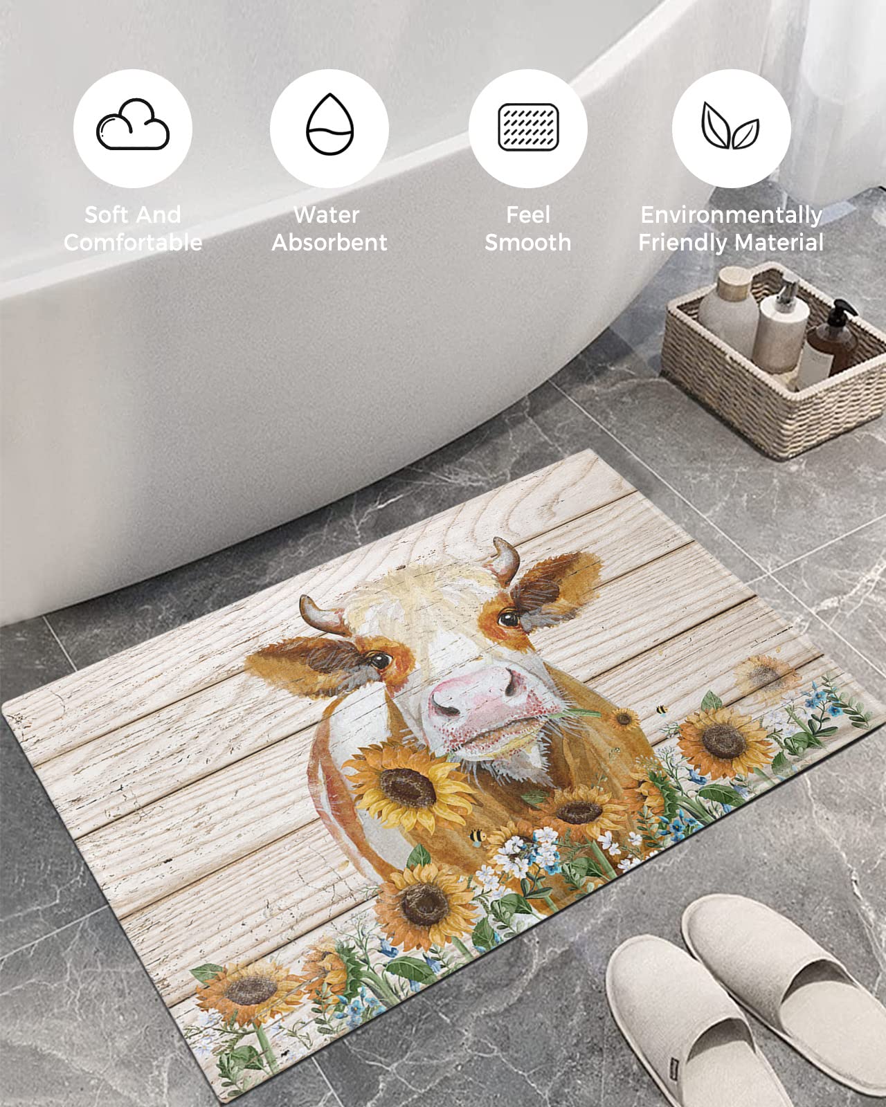 Fluffy Bath Rug Cow Sunflower Farm Flowers Animals Plank,Non Slip Shag Carpet Soft Floor Door Mat Pastoral Country Farmhouse,Absorbent Entrance Rugs for Kitchen Bathroom Living Room 24x35in